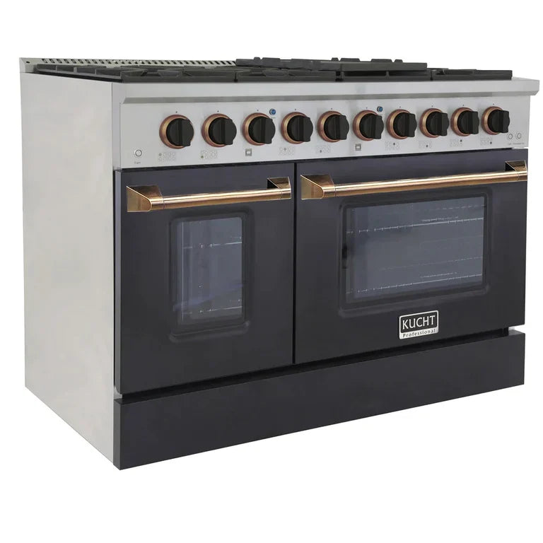 Kucht Signature 48 In. 6.7 cu ft. Natural Gas/Propane Gas Range with White/Black Door and Gold/Rose Accents