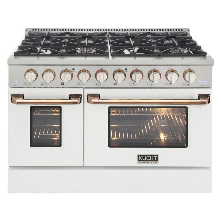Kucht Signature 48 In. 6.7 cu ft. Natural Gas/Propane Gas Range with White/Black Door and Gold/Rose Accents