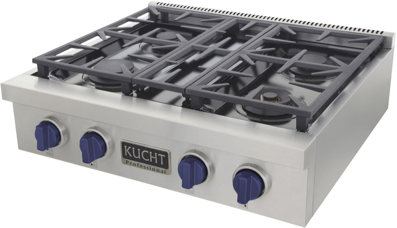 Kucht 30-Inch 4 Burner Gas Rangetop in Stainless Steel with Royal Blue Knob (KFX309T-B)