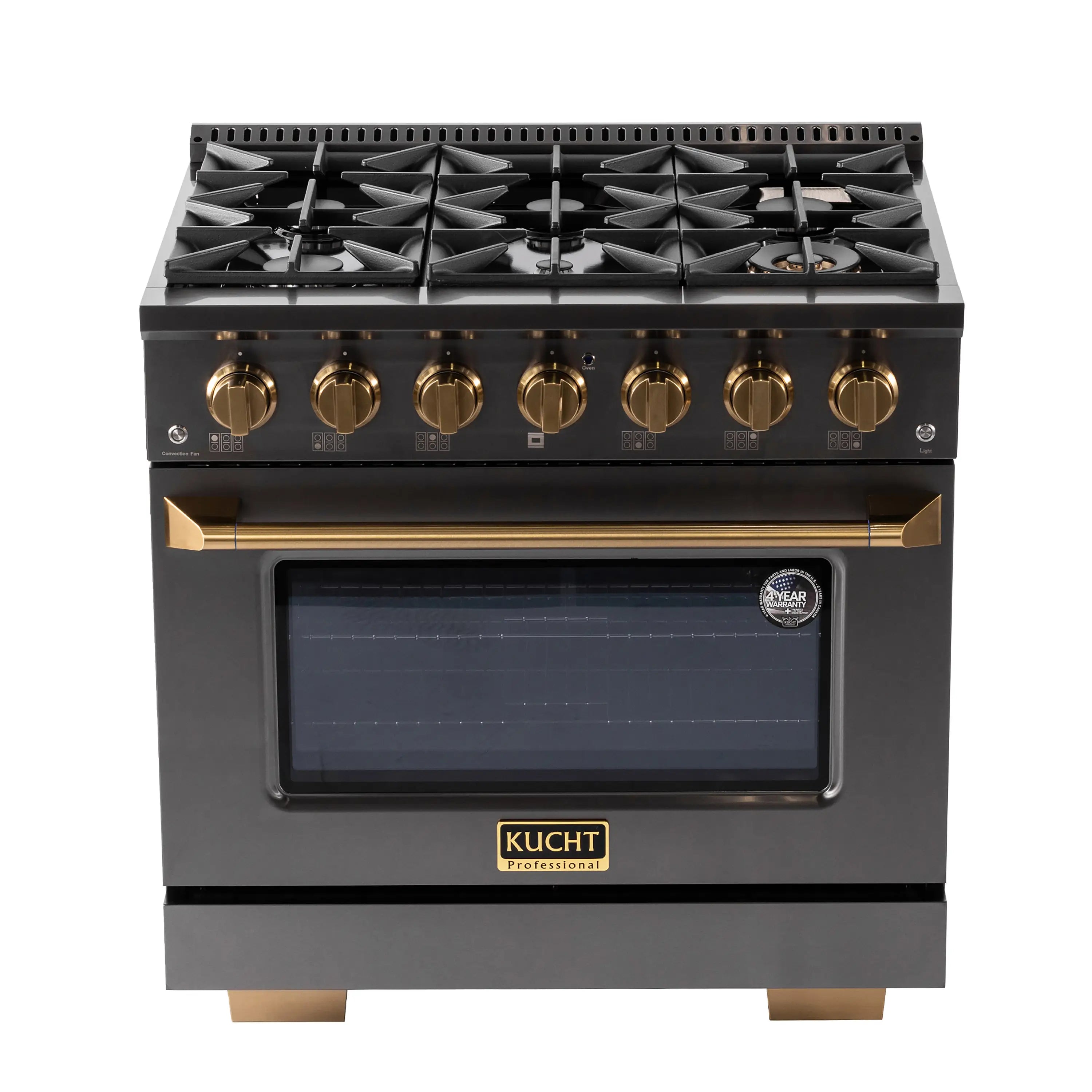 KUCHT Gemstone Professional 36-Inch 5.2 Cu. Ft. Dual Fuel Range for Natural Gas with Sealed Burners and Convection Oven in Titanium Stainless Steel (KED364)