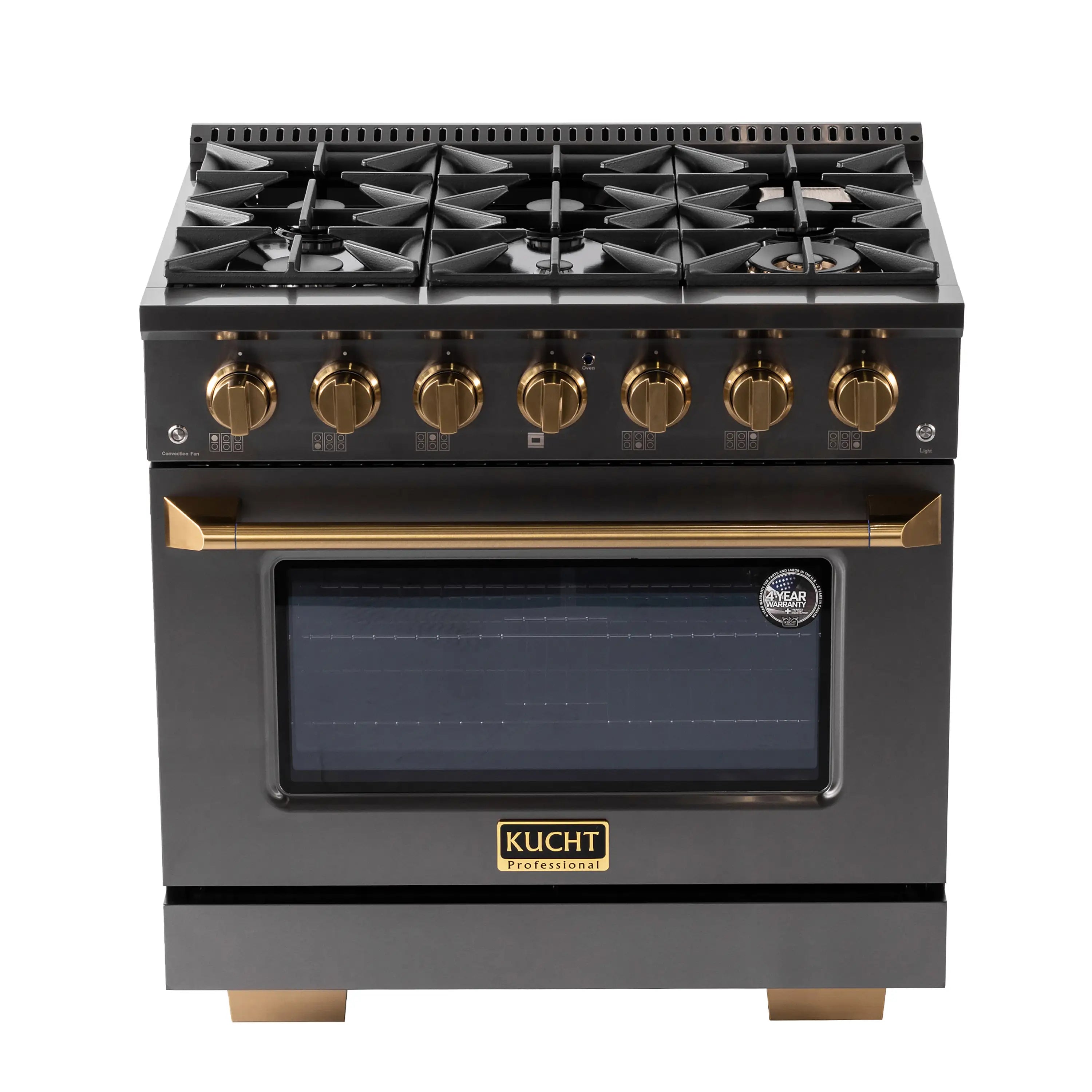 KUCHT Gemstone Professional 36-Inch 5.2 cu. ft. Gas Range with Sealed Burners and Convection Oven in Titanium Stainless Steel with Gold Accents (KEG363)