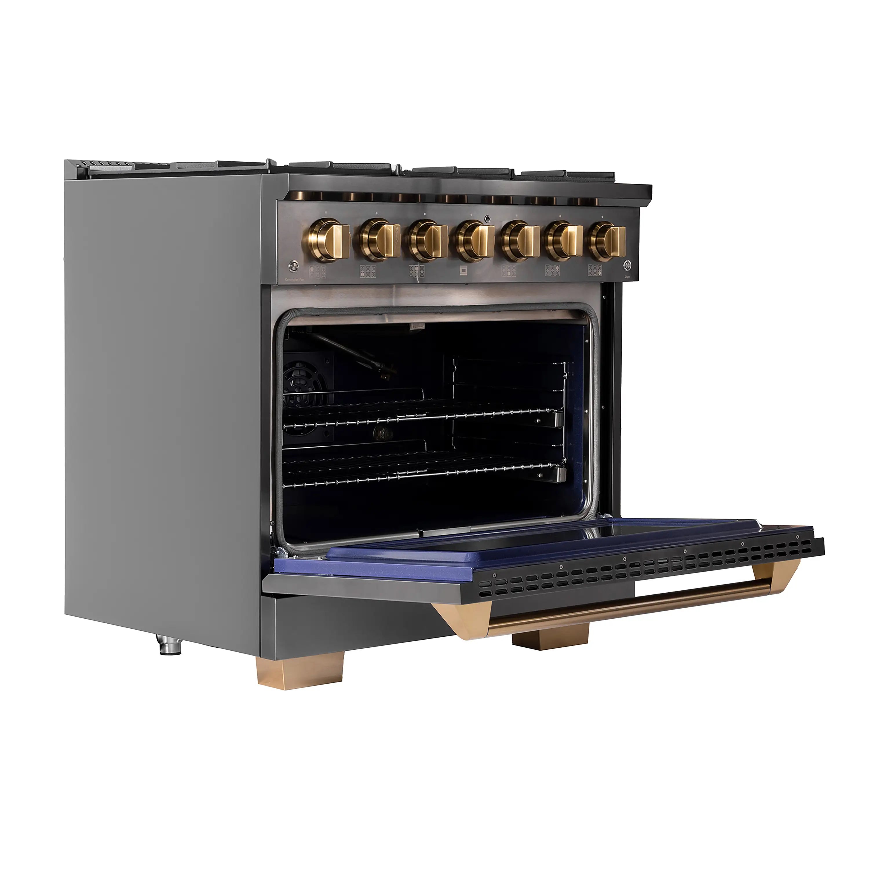 KUCHT Gemstone Professional 36-Inch 5.2 cu. ft. Gas Range with Sealed Burners and Convection Oven in Titanium Stainless Steel with Gold Accents (KEG363)
