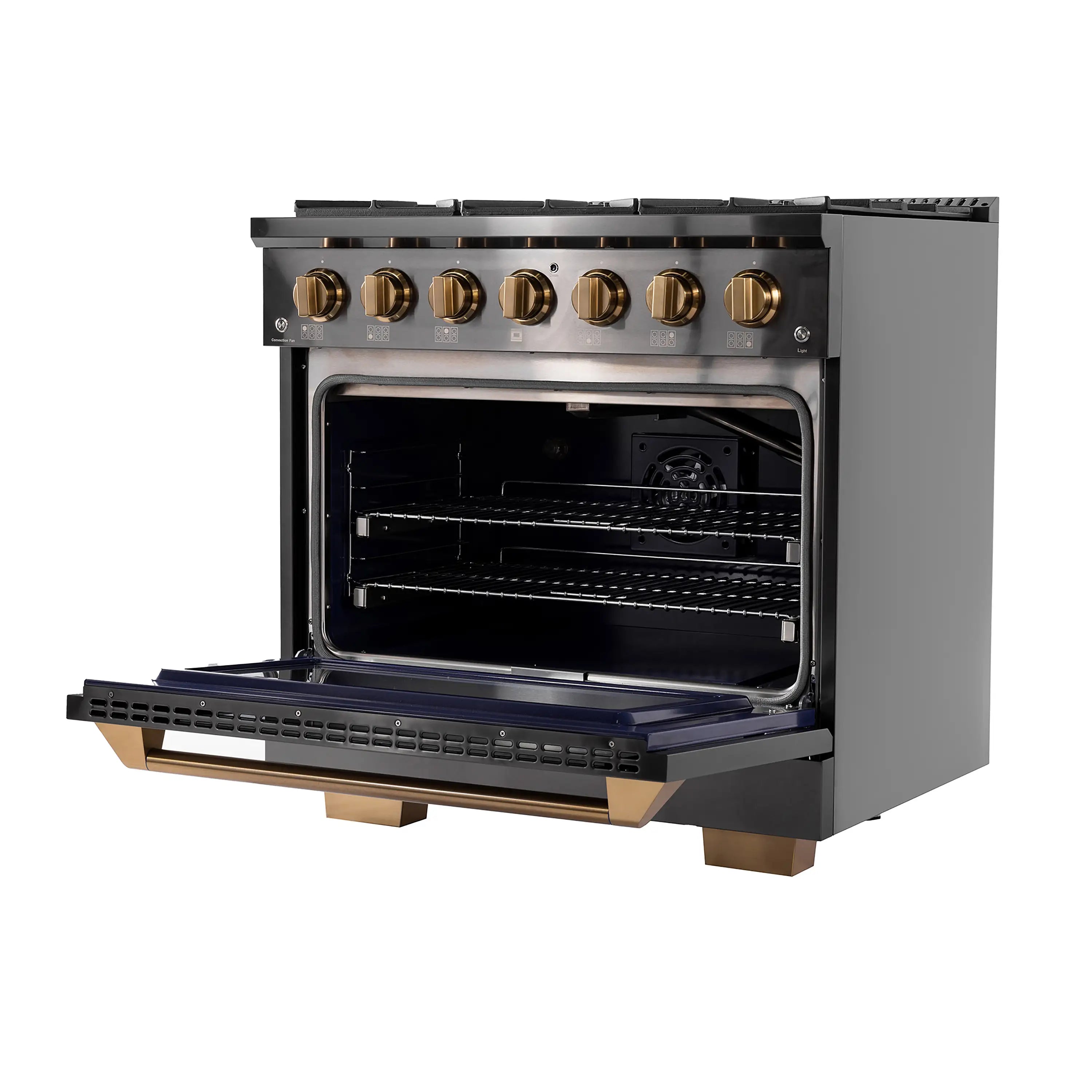 KUCHT Gemstone Professional 36-Inch 5.2 cu. ft. Propane Gas Range with Sealed Burners and Convection Oven in Titanium Stainless Steel with Gold Accents (KEG363/LP)
