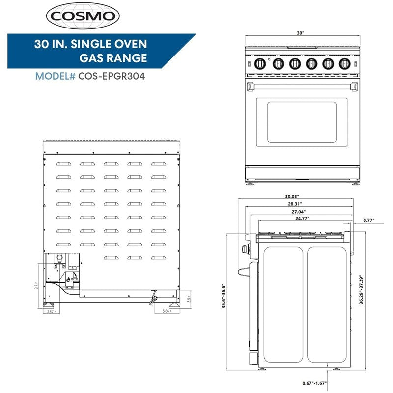 Cosmo 30 in. Slide-In Freestanding Gas Range with 5 Sealed Burners, Cast Iron Grates, 4.5 cu. ft. Capacity Convection Oven in Stainless Steel - COS-EPGR304