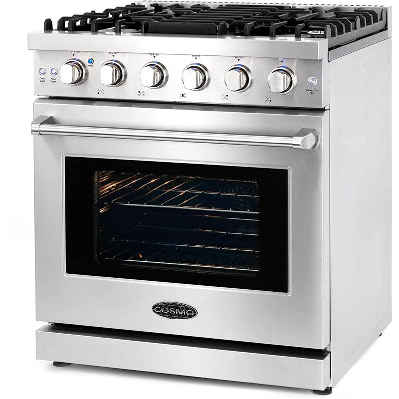 Cosmo 30 in. Slide-In Freestanding Gas Range with 5 Sealed Burners, Cast Iron Grates, 4.5 cu. ft. Capacity Convection Oven in Stainless Steel - COS-EPGR304