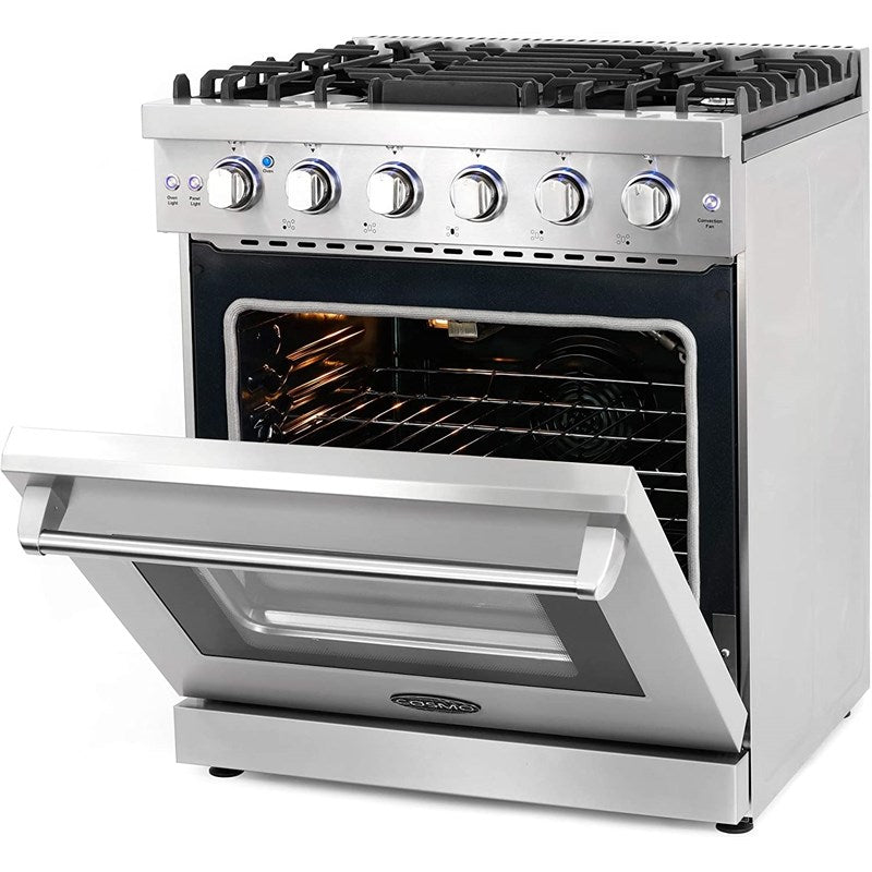 Cosmo 30 in. Slide-In Freestanding Gas Range with 5 Sealed Burners, Cast Iron Grates, 4.5 cu. ft. Capacity Convection Oven in Stainless Steel - COS-EPGR304