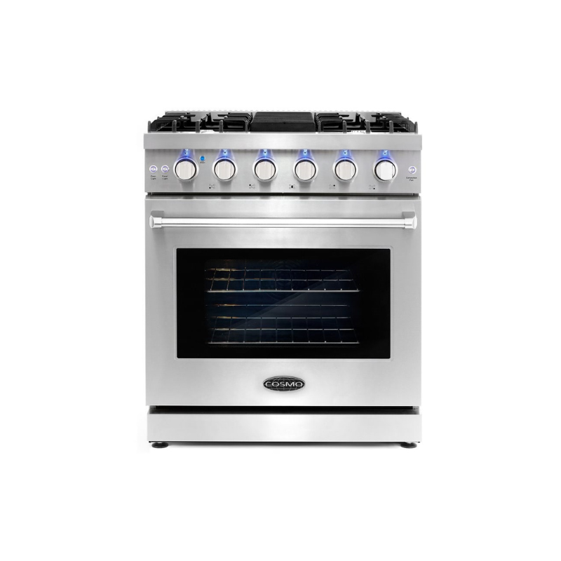 Cosmo 30 in. Slide-In Freestanding Gas Range with 5 Sealed Burners, Cast Iron Grates, 4.5 cu. ft. Capacity Convection Oven in Stainless Steel - COS-EPGR304