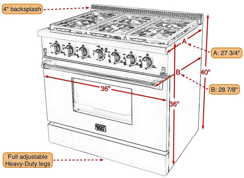 Kucht 36-Inch 5.2 Cu. Ft. Gas Range - Sealed Burners and Convection Oven - Stainless Steel with Colored Options (KRG3618U)