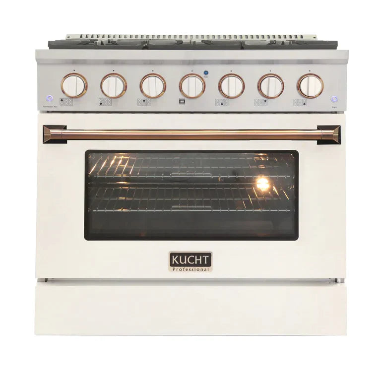 Kucht Signature 36 In. 5.2 cu ft. Natural Gas/Propane Gas Range with White and Black Door Gold/Rose Accents, KNG361-W-K