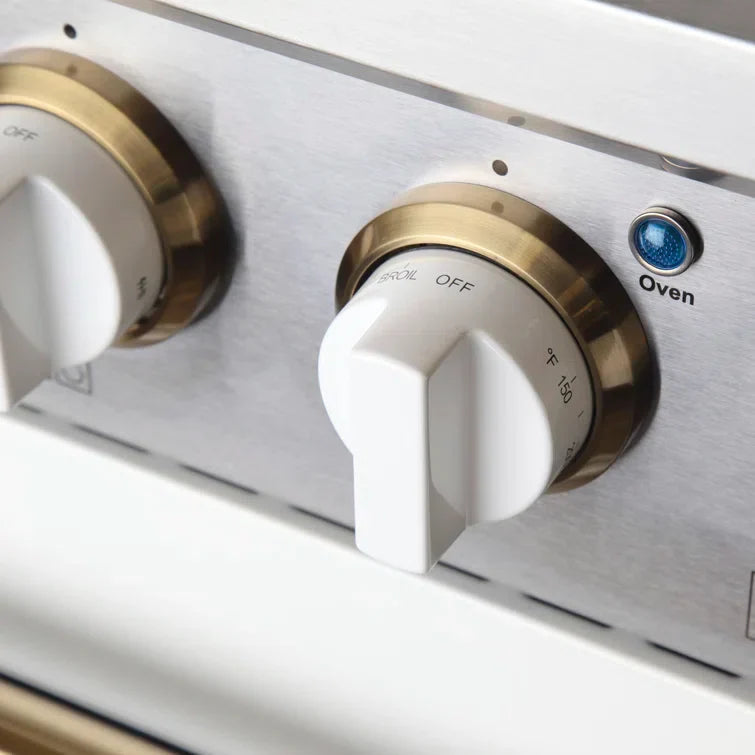 Kucht Signature 36 In. 5.2 cu ft. Natural Gas/Propane Gas Range with White and Black Door Gold/Rose Accents, KNG361-W-K