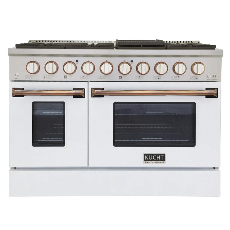 Kucht Signature 48 In. 6.7 cu ft. Natural Gas/Propane Gas Range with White/Black Door and Gold/Rose Accents - KNG481-W-K