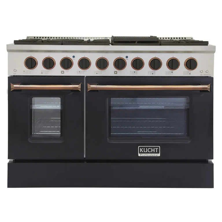 Kucht Signature 48 In. 6.7 cu ft. Natural Gas/Propane Gas Range with White/Black Door and Gold/Rose Accents 