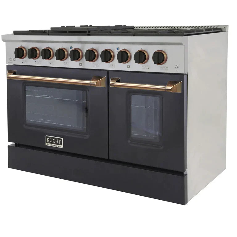 Kucht Signature 48 In. 6.7 cu ft. Natural Gas/Propane Gas Range with White/Black Door and Gold/Rose Accents 