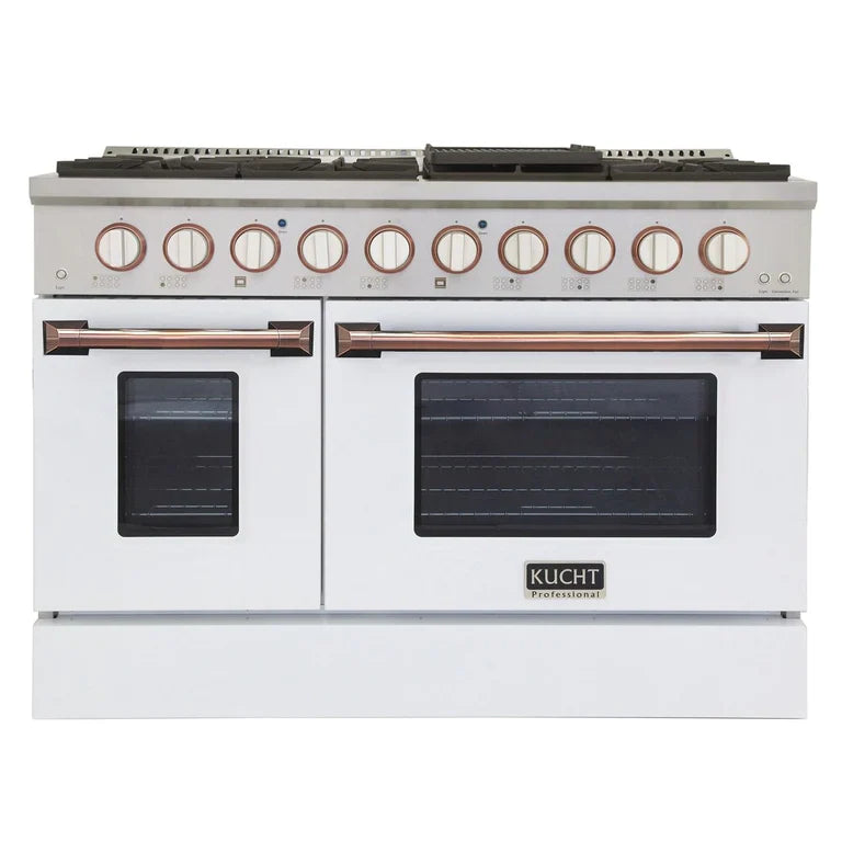 Kucht Signature 48 In. 6.7 cu ft. Natural Gas/Propane Gas Range with White/Black Door and Gold/Rose Accents - KNG481-W-K