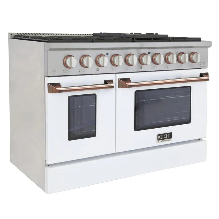 Kucht Signature 48 In. 6.7 cu ft. Natural Gas/Propane Gas Range with White/Black Door and Gold/Rose Accents 