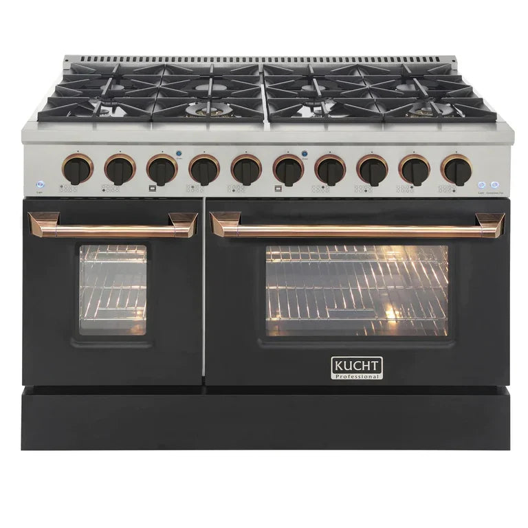 Kucht Signature 48 In. 6.7 cu ft. Natural Gas/Propane Gas Range with White/Black Door and Gold/Rose Accents 