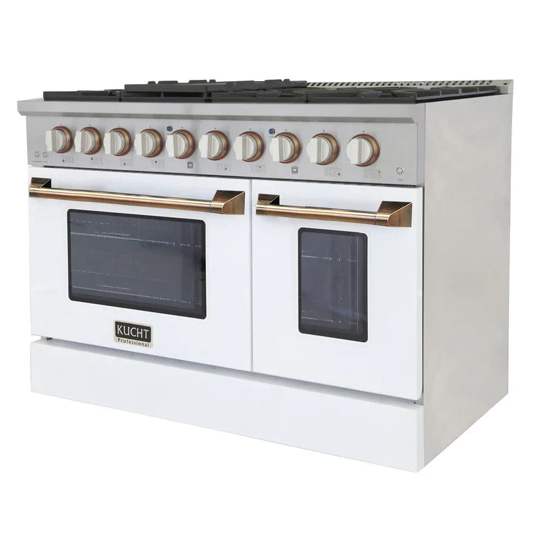 Kucht Signature 48 In. 6.7 cu ft. Natural Gas/Propane Gas Range with White/Black Door and Gold/Rose Accents 